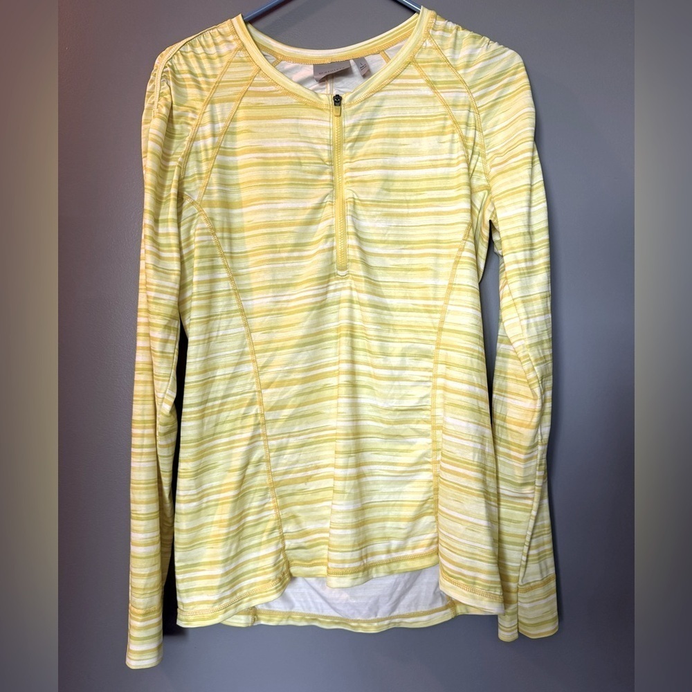 Athleta Shirt Women's Size L Yellow Striped Performance Stretch 1/4 Zip